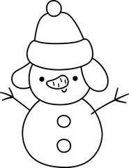 Vector black and white cartoon Christmas snowman in hat clipart. Cute new year symbol illustration for kids. Winter holiday snow man line icon or coloring page