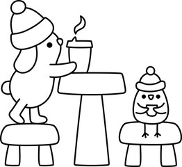 Vector black and white cartoon rabbit and bird in warm hats drinking hot drink in street cafe. Christmas animal clipart. new year illustration for kids. Winter holiday hare line icon, coloring page