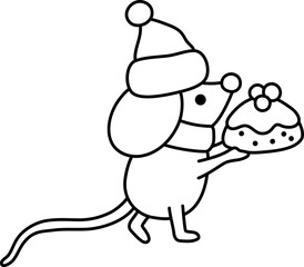 Vector black and white cartoon mouse in warm hat holding Christmas cake. Cute animal clipart. New year rat illustration for kids. Winter holiday line icon or coloring page