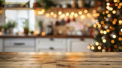 Kitchen with a Christmas tree in the background