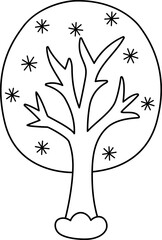 Fototapeta premium Vector black and white cartoon Christmas tree clipart covered with snow and snowflakes. Cute new year symbol illustration for kids. Winter holiday plant line icon, coloring page