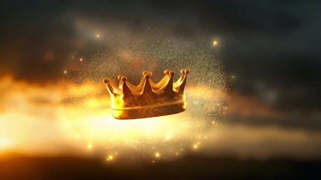 Golden Crown in Regal Splendor: A magnificent golden crown, aglow with radiant light, majestically floats amidst a mystical, dreamlike backdrop. A symbol of royalty, power, and prestige.