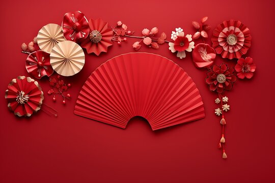 Vibrant red chinese new year decorations featuring folded paper fan and floral ornaments on a solid red background - Powered by Adobe