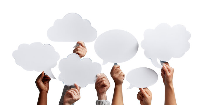 Diverse hands hold blank thought bubbles (2) - Powered by Adobe