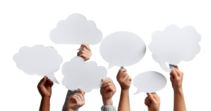 Diverse hands hold blank thought bubbles (2)