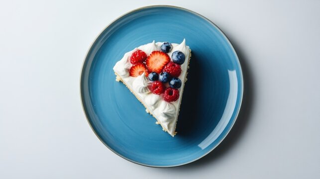 Slice of berry cake on blue plate, against a white background, food dessert stock