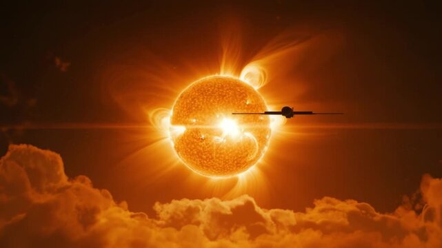 Solar Odyssey: A spacecraft embarks on a thrilling journey towards the radiant sun, its silhouette a testament to humanity's quest to unravel the universe's most enigmatic celestial bodies.