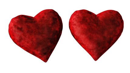 Two Valentine Day heart pillows symbolizing love romance and affection with soft red fabric texture isolated on white background