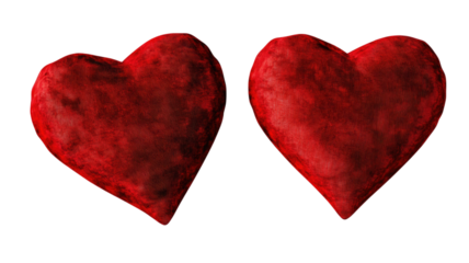 Two Valentine Day heart pillows symbolizing love romance and affection with soft red fabric texture isolated on white background