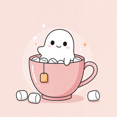 Cute Ghost in a Teacup with Marshmallows Sweet and Spooky Illustration for Various Uses