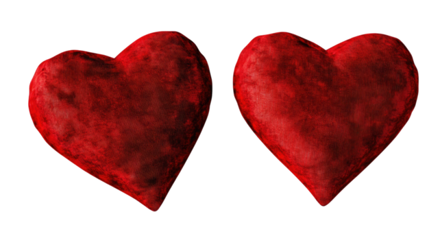 Two Valentine Day heart pillows symbolizing love romance and affection with soft red fabric texture isolated on white background - Powered by Adobe