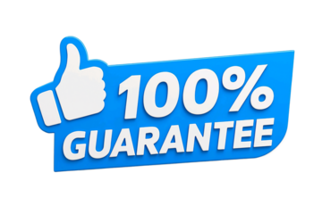 Blue thumbs up 100 percent guarantee sign with white text isolated on transparent background