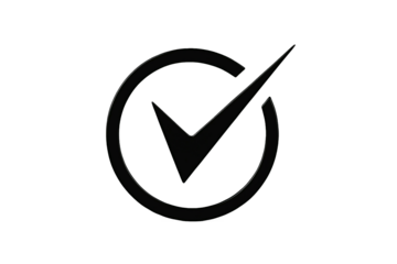 Dark grunge textured check mark symbol inside a distressed circle isolated on transparent background