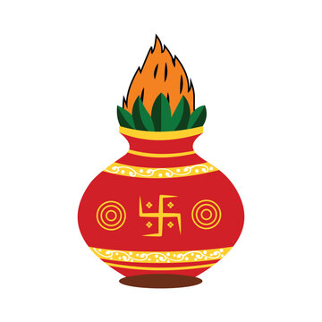 Decorative red Kalash with coconut and swastik symbol