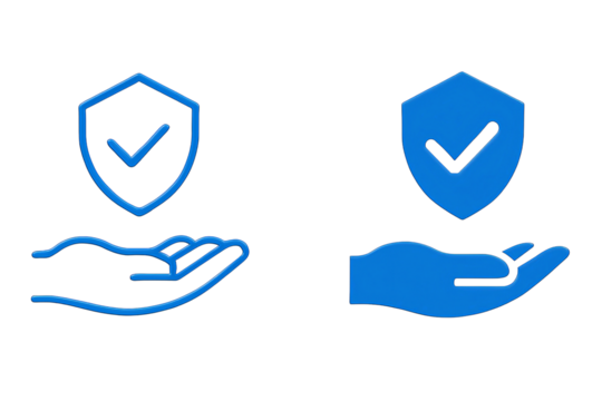 Two blue shield icons with checkmarks above open hands representing security safety and protection isolated on transparent background