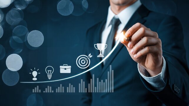 Businessman Presenting Growth Strategy with Infographics - Powered by Adobe