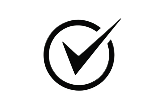 Dark grunge textured check mark symbol inside a distressed circle isolated on transparent background