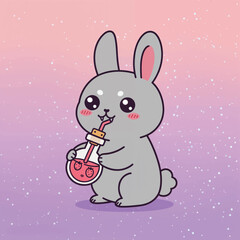 Adorable Kawaii Rabbit Character Enjoying a Sweet Strawberry Drink Potion in a Dreamy Pastel Starry Wonderland Illustration