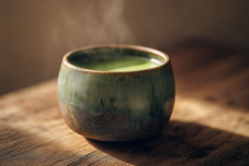 Green tea in a ceramic bowl on a wooden table with steam rising  