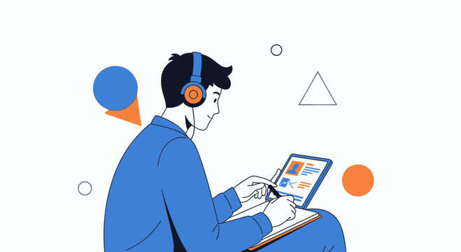 Young Professional Working Remotely, Listening to Music and Designing on a Tablet