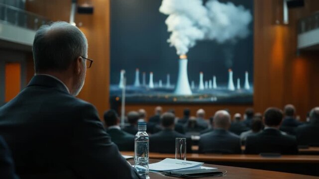 Energy Crisis: An assembly observes a looming issue related to pollution, symbolizing critical concerns in modern times. A tense situation of pollution and the environment.