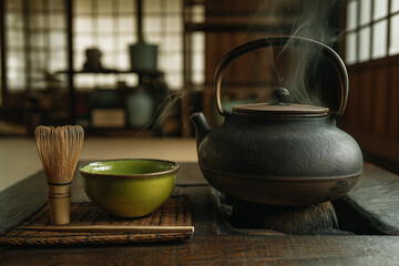 Traditional Japanese tea kettle with steaming bowl and whisk on table  