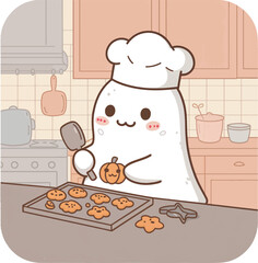 An adorable spectral baker in a chef's hat lovingly prepares festive Halloween treats, decorating pumpkin cookies in a warm, inviting kitchen