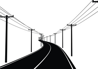 Curved road illustration, utility poles with power lines, black and white vector art, minimal landscape drawing, transportation design, rural infrastructure perspective