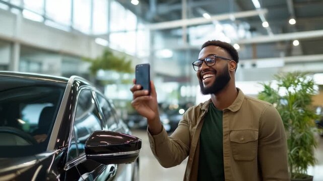 Car Dealership Customer Capturing Moment: A happy person uses a mobile phone to capture a memorable moment inside a showroom, symbolizing modern tech usage.
