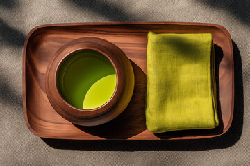 Ceramic pot with bright green liquid and folded cloth on tray  