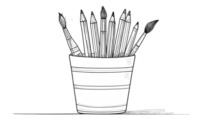 Sketch of container holding various paintbrushes and pencils. Simple, clean, black and white image