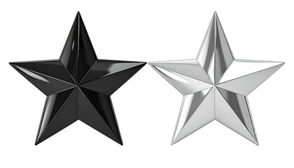 Obraz premium Two isolated, five-pointed stars one black, one silver. Shiny, metallic surface. Black background