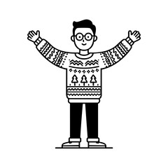 Man wearing a festive ugly Christmas sweater with arms open, symbolizing holiday fun, humor, and joyful seasonal fashion.