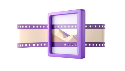 Animated film graphic mountains in frame, purple edge, light film strip, rendering on black background