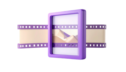 Animated film graphic mountains in frame, purple edge, light film strip, rendering on black background