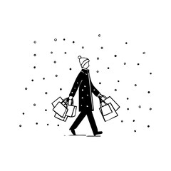 Person walking through falling snow carrying multiple shopping bags, symbolizing winter holiday shopping, gift season, and festive urban lifestyle.