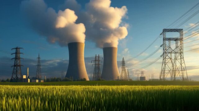 Industrial Landscape: The image presents an industrial vista, with smokestacks billowing plumes of smoke into the sky, alongside power lines that dissect the landscape.
