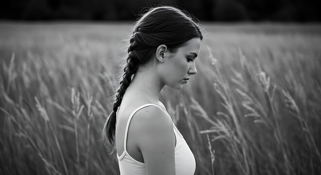 Contemplative woman in field with braided hair