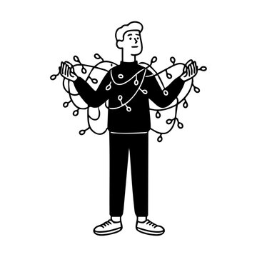 Person tangled in holiday string lights, capturing the humorous side of Christmas decorating and festive chaos.