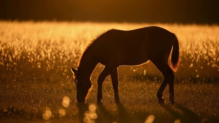 Golden hour silhouette of a horse grazing in a sunlit field with bokeh effects and warm backlight - Powered by Adobe