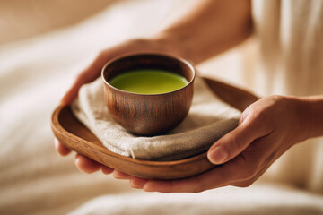 Hands holding wooden tray with green matcha tea in bowl  
