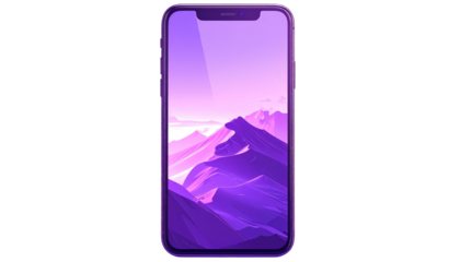 A mobile phone displays a scenic landscape with purple mountains and a faint, pink sky on a black background