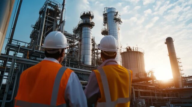 Engineers at Work in the Refinery: Two diligent engineers in safety attire oversee the vast industrial landscape of a modern refinery, with the setting sun illuminating the complex apparatus. 