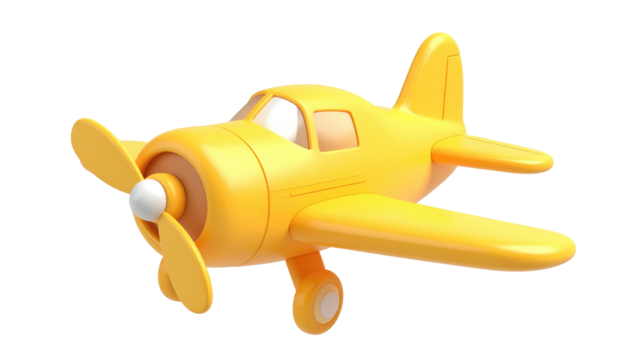 Gleaming yellow toy airplane on a transparent background, rendered in a simple, cartoonish, three-dimensional style - Powered by Adobe