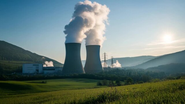 Power Plant Emissions: A majestic power plant stands amidst a serene natural environment, exhaling plumes of vapor against a backdrop of rolling hills and a clear, tranquil sky.
