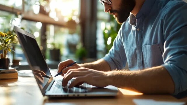 Focused productivity: A modern workspace captured in a moment of dedicated work, a person engrossed in typing on their laptop. The scene shows the essence of concentration and modern working style.