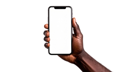 Dark-skinned hand holds a blank white-screen smartphone against a stark black backdrop, emphasizing the device's display