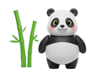 Cute cartoon panda bear with bamboo isolated on transparent background