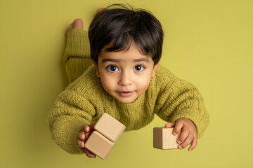 Young boy playing with wooden blocks on yellow background  