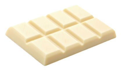 Creamy rectangular white chocolate bar broken into eight segments, isolated on a dark, contrasting background